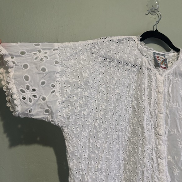 Johnny Was White Hyacinth Blouse Eyelet Lace Large short Sleeve Top Button Boho - Picture 15 of 16